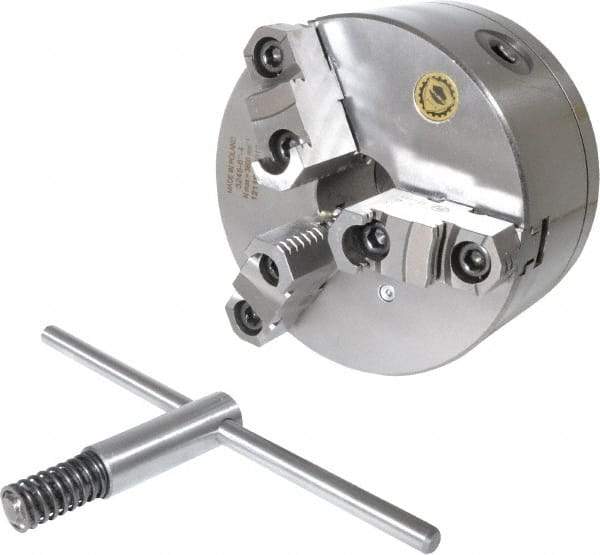 Bison - 3 Jaws, 6" Diam, Self Centering Manual Lathe Chuck - D1-4 Mount Spindle, Reversible, 3,000 Max RPM, 1.6535" Through Hole Diam, 0.0008" Axial Runout, 0.0012" Radial Runout, Cast Iron - Exact Tool & Supply