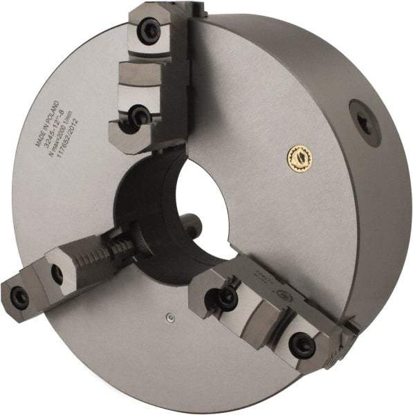 Bison - 3 Jaws, 12" Diam, Self Centering Manual Lathe Chuck - D1-8 Mount Spindle, Reversible, 1,500 Max RPM, 4.0551" Through Hole Diam, 0.0012" Axial Runout, 0.002" Radial Runout, Cast Iron - Exact Tool & Supply