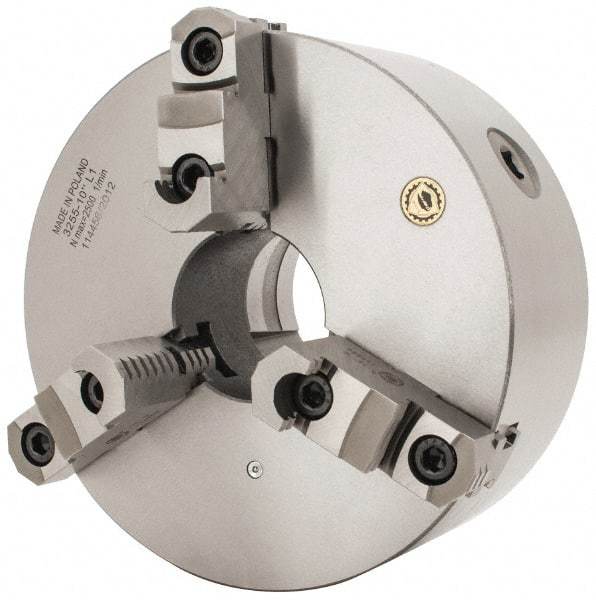 Bison - 3 Jaws, 10" Diam, Self Centering Manual Lathe Chuck - L-1 Mount Spindle, Reversible, 2,000 Max RPM, 2.9921" Through Hole Diam, 0.001" Axial Runout, 0.0016" Radial Runout, Cast Iron - Exact Tool & Supply