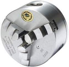 Bison - 3 Jaws, 4" Diam, Self Centering Manual Lathe Chuck - 1-1/2 - 8" Spindle Mount, 3,500 Max RPM, 0.7874" Through Hole Diam, 0.0008" Axial Runout, 0.0012" Radial Runout, Cast Iron - Exact Tool & Supply