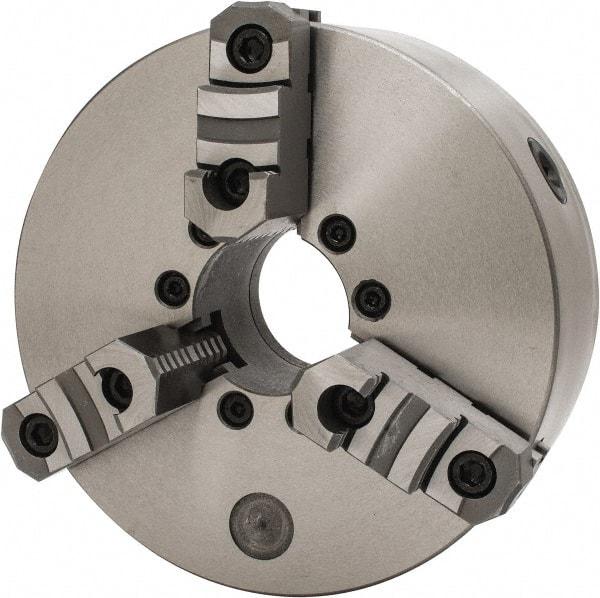 Interstate - 3 Jaws, 10" Diam, Self Centering Manual Lathe Chuck - D1-6 Mount Spindle, Reversible, 2.7559" Through Hole Diam, Cast Iron - Exact Tool & Supply
