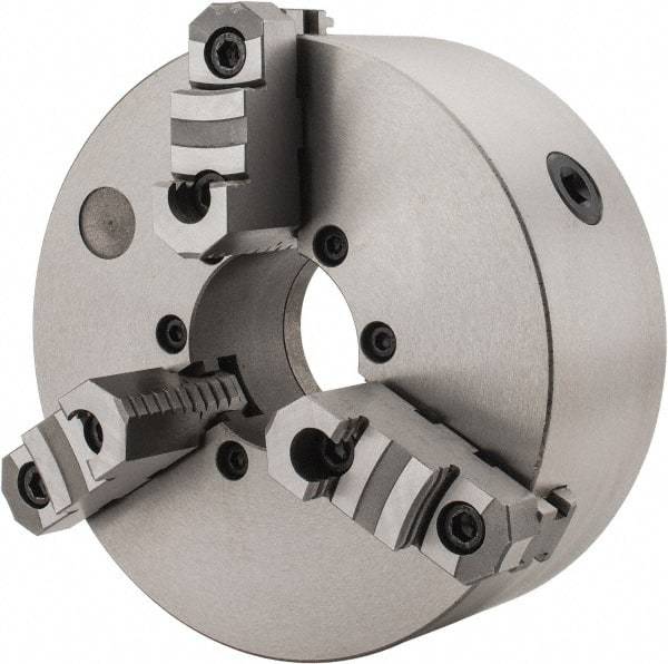 Interstate - 3 Jaws, 10" Diam, Self Centering Manual Lathe Chuck - D1-8 Mount Spindle, Reversible, 2.7559" Through Hole Diam, Cast Iron - Exact Tool & Supply