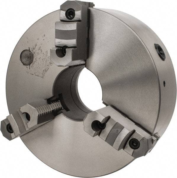 Interstate - 3 Jaws, 12" Diam, Self Centering Manual Lathe Chuck - D1-6 Mount Spindle, Reversible, 3-15/16" Through Hole Diam, Cast Iron - Exact Tool & Supply