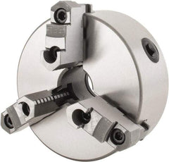 Interstate - 3 Jaws, 6" Diam, Self Centering Manual Lathe Chuck - Plain Back Mount Spindle, Reversible, 1.5748" Through Hole Diam, 0.003" Axial Runout, Cast Iron - Exact Tool & Supply