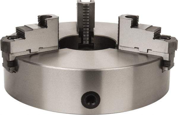 Interstate - 3 Jaws, 15" Diam, Self Centering Manual Lathe Chuck - Plain Back Mount Spindle, Reversible, 5.315" Through Hole Diam, 0.003" Axial Runout, Cast Iron - Exact Tool & Supply
