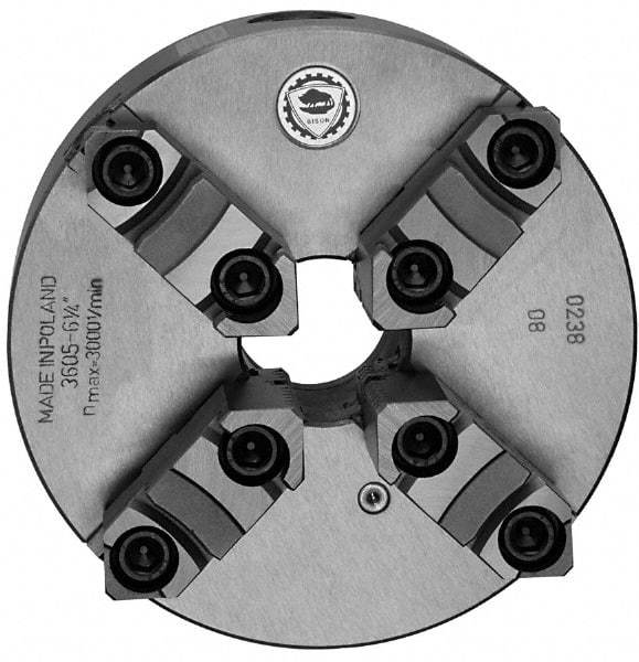 Bison - 4 Jaws, 10" Diam, Self Centering Manual Lathe Chuck - Plain Back Mount Spindle, Reversible, 2,000 Max RPM, 2.9921" Through Hole Diam, 0.0012" Axial Runout, 0.0016" Radial Runout, Cast Iron - Exact Tool & Supply