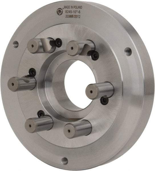 Bison - Adapter Back Plate for 10" Diam Self Centering Lathe Chucks - D1-6 Mount, 2.922" Through Hole Diam, 5.708mm ID, 9.84" OD, 1.34" Flange Height, Steel - Exact Tool & Supply