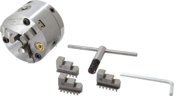 Bison - 3 Jaws, 4" Diam, Self Centering Manual Lathe Chuck - Adjustable, 0.787" Through Hole Diam, Forged Steel - Exact Tool & Supply
