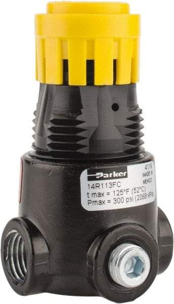 Parker - 1/4 NPT Port, 15 CFM, Zinc Miniature Regulator - 2 to 125 psi Range, 300 Max psi Supply Pressure, 1/8" Gauge Port Thread, 1.65" Wide x 2.88" High - Exact Tool & Supply