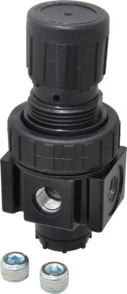Parker - 1/4 NPT Port, 30 CFM, Zinc Economy Regulator - 2 to 125 psi Range, 300 Max psi Supply Pressure, 1/4" Gauge Port Thread, 2" Wide x 4.44" High - Exact Tool & Supply