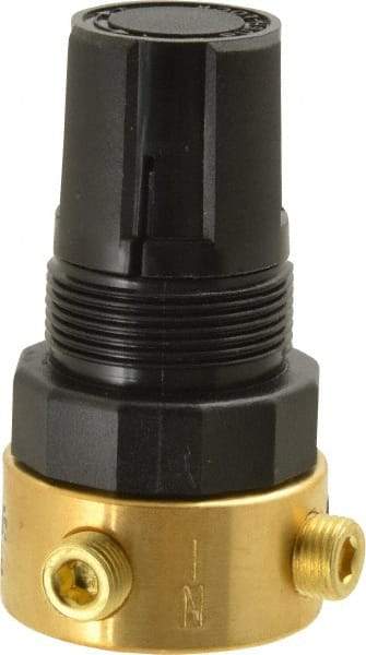 Parker - 1/8 NPT Port, Brass Miniature Regulator - 2 to 125 psi Range, 300 Max psi Supply Pressure, 1/8" Gauge Port Thread, 1-1/2" Wide x 2.87" High - Exact Tool & Supply