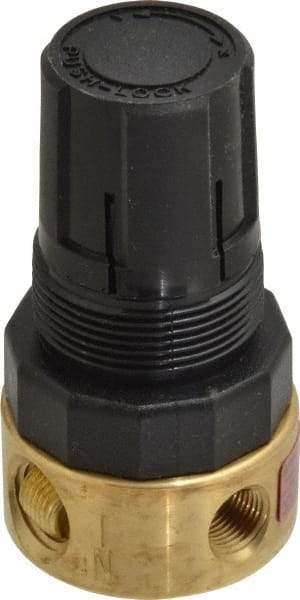 Parker - 1/4 NPT Port, Brass Miniature Regulator - 2 to 125 psi Range, 300 Max psi Supply Pressure, 1/8" Gauge Port Thread, 1-1/2" Wide x 2.87" High - Exact Tool & Supply