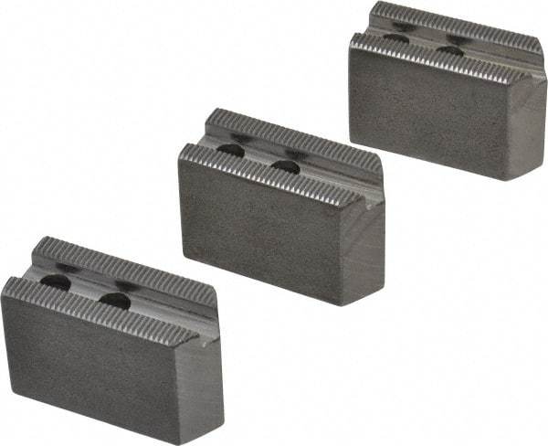 H & R Manufacturing - 5" Chuck Capacity, 1.5mm x 60° Serrated Attachment, Square Soft Lathe Chuck Jaw - 3 Jaws, Steel, 0.708" Btw Mount Hole Ctrs, 2-5/16" Long x 1" Wide x 1-1/2" High, 0.395" Groove, 8mm Fastener - Exact Tool & Supply