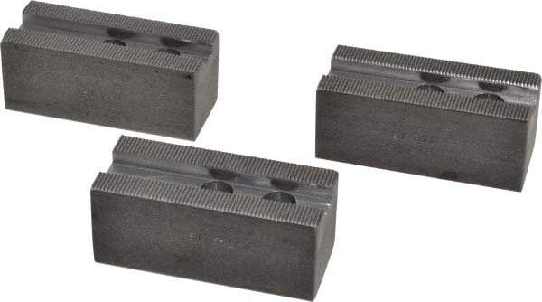 H & R Manufacturing - 8" Chuck Capacity, 1.5mm x 60° Serrated Attachment, Square Soft Lathe Chuck Jaw - 3 Jaws, Steel, 1" Btw Mount Hole Ctrs, 3-1/2" Long x 1-1/2" Wide x 1-1/2" High, 0.551" Groove, 12mm Fastener - Exact Tool & Supply