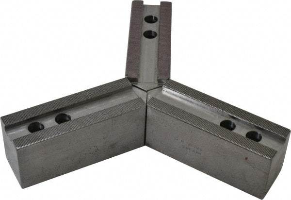 H & R Manufacturing - 12" & Up Chuck Capacity, 1.5mm x 60° Serrated Attachment, Square Soft Lathe Chuck Jaw - 3 Jaws, Steel, 1.181" Btw Mount Hole Ctrs, 6-1/4" Long x 2" Wide x 2-1/2" High, 0.827" Groove, 0.6299" & 16mm Fastener - Exact Tool & Supply