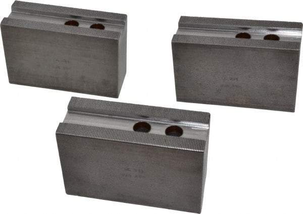 H & R Manufacturing - 12" Chuck Capacity, 1.5mm x 60° Serrated Attachment, Square Soft Lathe Chuck Jaw - 3 Jaws, Steel, 1.181" Btw Mount Hole Ctrs, 5-1/4" Long x 2" Wide x 3-1/2" High, 0.827" Groove, 5/8" & 16mm Fastener - Exact Tool & Supply