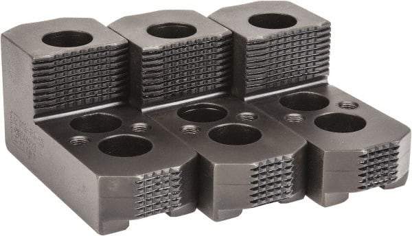 H & R Manufacturing - 12" & Up Chuck Capacity, 1.5mm x 60° Serrated Attachment, Square Soft Lathe Chuck Jaw - 3 Jaws, Steel, 1.181" Btw Mount Hole Ctrs, 6-1/4" Long x 2" Wide x 5" High, 0.827" Groove, 5/8" & 16mm Fastener - Exact Tool & Supply