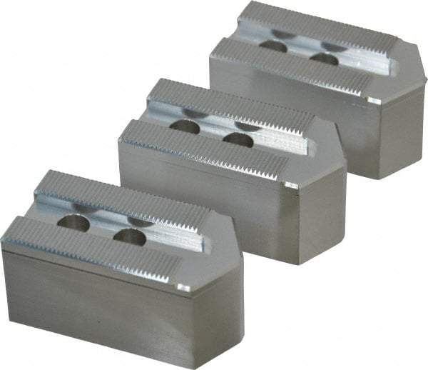 Masterman & Kovil - 6" Chuck Capacity, 1.5mm x 60° Serrated Attachment, Square Soft Lathe Chuck Jaw - 3 Jaws, Aluminum, 0.787" Btw Mount Hole Ctrs, 3mm Long x 1-1/2" Wide x 1-1/2" High, 0.473" Groove, 10mm Fastener - Exact Tool & Supply