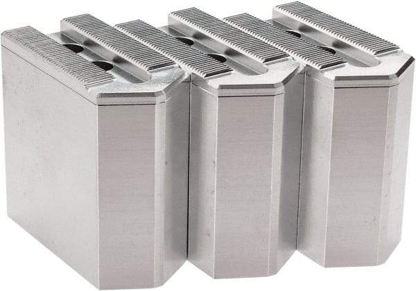 Masterman & Kovil - 6" Chuck Capacity, 1.5mm x 60° Serrated Attachment, Square Soft Lathe Chuck Jaw - 3 Jaws, Aluminum, 0.787" Btw Mount Hole Ctrs, 3mm Long x 1-1/2" Wide x 3" High, 0.473" Groove, 10mm Fastener - Exact Tool & Supply