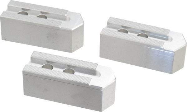 Masterman & Kovil - 8" Chuck Capacity, 1.5mm x 60° Serrated Attachment, Square Soft Lathe Chuck Jaw - 3 Jaws, Aluminum, 0.984" Btw Mount Hole Ctrs, 4mm Long x 1-1/2" Wide x 1-1/2" High, 0.551" Groove, 12mm Fastener - Exact Tool & Supply