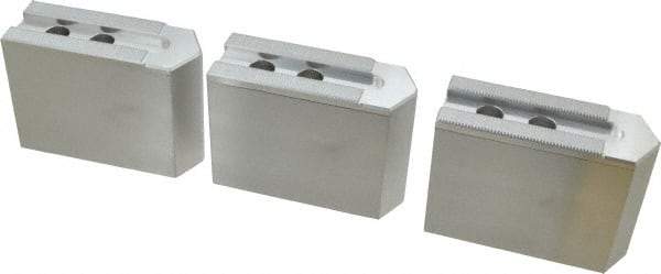 Masterman & Kovil - 8" Chuck Capacity, 1.5mm x 60° Serrated Attachment, Square Soft Lathe Chuck Jaw - 3 Jaws, Aluminum, 0.984" Btw Mount Hole Ctrs, 4mm Long x 1-1/2" Wide x 3" High, 0.551" Groove, 12mm Fastener - Exact Tool & Supply