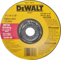 DeWALT - 24 Grit, 6" Wheel Diam, 1/4" Wheel Thickness, 7/8" Arbor Hole, Type 27 Depressed Center Wheel - Aluminum Oxide, R Hardness, 10,100 Max RPM, Compatible with Angle Grinder - Exact Tool & Supply