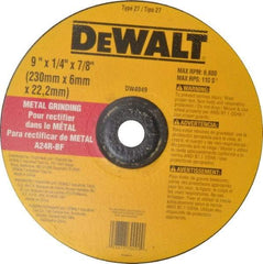 DeWALT - 24 Grit, 9" Wheel Diam, 1/4" Wheel Thickness, 7/8" Arbor Hole, Type 27 Depressed Center Wheel - Aluminum Oxide, R Hardness, 6,600 Max RPM, Compatible with Angle Grinder - Exact Tool & Supply