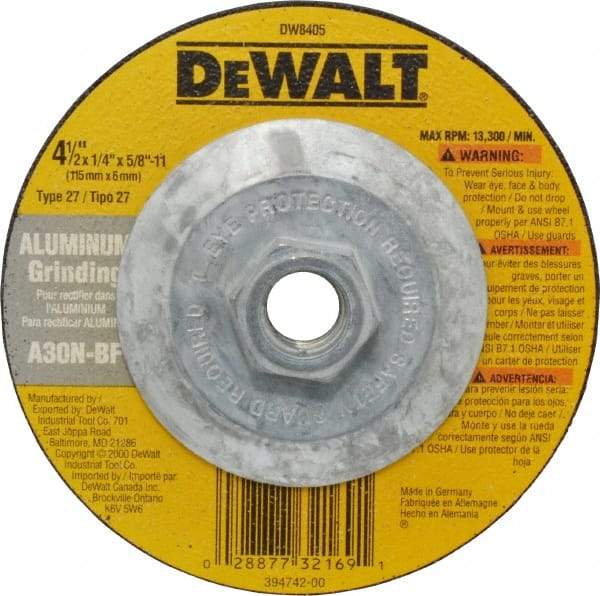 DeWALT - 30 Grit, 4-1/2" Wheel Diam, 1/4" Wheel Thickness, Type 27 Depressed Center Wheel - Aluminum Oxide, N Hardness, 13,300 Max RPM, Compatible with Angle Grinder - Exact Tool & Supply