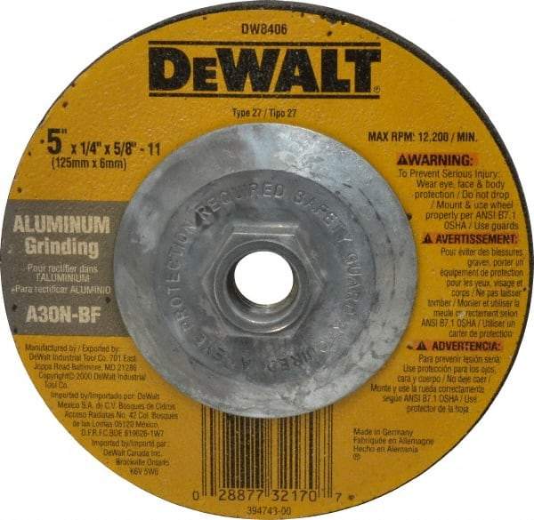 DeWALT - 30 Grit, 5" Wheel Diam, 1/4" Wheel Thickness, Type 27 Depressed Center Wheel - Aluminum Oxide, N Hardness, 12,200 Max RPM, Compatible with Angle Grinder - Exact Tool & Supply