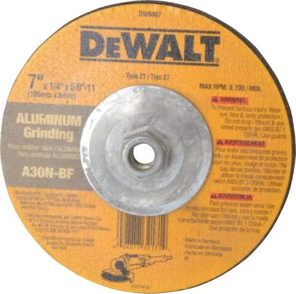DeWALT - 30 Grit, 7" Wheel Diam, 1/4" Wheel Thickness, Type 27 Depressed Center Wheel - Aluminum Oxide, N Hardness, 8,700 Max RPM, Compatible with Angle Grinder - Exact Tool & Supply