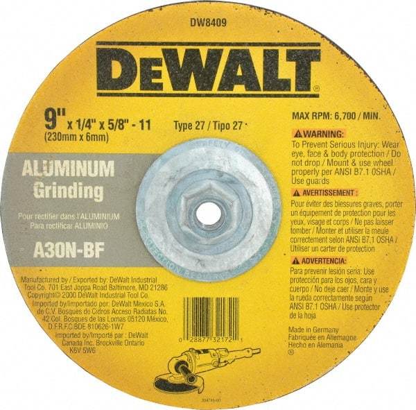 DeWALT - 30 Grit, 9" Wheel Diam, 1/4" Wheel Thickness, Type 27 Depressed Center Wheel - Aluminum Oxide, N Hardness, 6,600 Max RPM, Compatible with Angle Grinder - Exact Tool & Supply