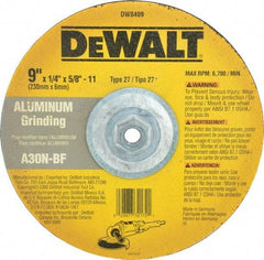 DeWALT - 30 Grit, 9" Wheel Diam, 1/4" Wheel Thickness, Type 27 Depressed Center Wheel - Aluminum Oxide, N Hardness, 6,600 Max RPM, Compatible with Angle Grinder - Exact Tool & Supply