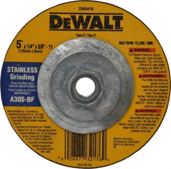 DeWALT - 30 Grit, 5" Wheel Diam, 1/4" Wheel Thickness, Type 27 Depressed Center Wheel - Aluminum Oxide, S Hardness, 12,200 Max RPM, Compatible with Angle Grinder - Exact Tool & Supply