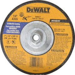 DeWALT - 30 Grit, 7" Wheel Diam, 1/4" Wheel Thickness, Type 27 Depressed Center Wheel - Aluminum Oxide, S Hardness, 8,700 Max RPM, Compatible with Angle Grinder - Exact Tool & Supply