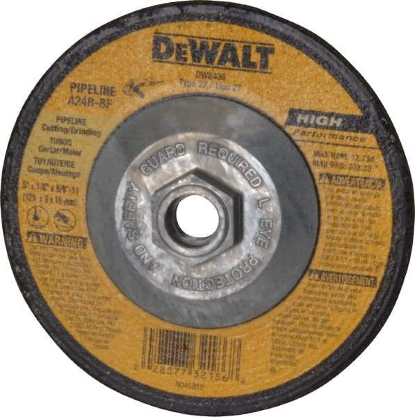 DeWALT - 24 Grit, 5" Wheel Diam, 1/8" Wheel Thickness, Type 27 Depressed Center Wheel - Aluminum Oxide, R Hardness, 12,200 Max RPM, Compatible with Angle Grinder - Exact Tool & Supply