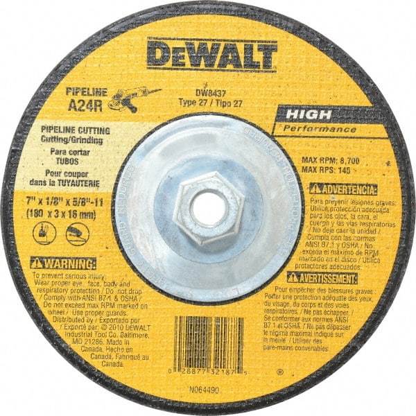 DeWALT - 24 Grit, 7" Wheel Diam, 1/8" Wheel Thickness, Type 27 Depressed Center Wheel - Aluminum Oxide, R Hardness, 8,700 Max RPM, Compatible with Angle Grinder - Exact Tool & Supply