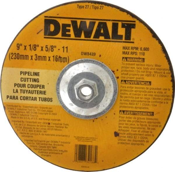 DeWALT - 24 Grit, 9" Wheel Diam, 1/8" Wheel Thickness, Type 27 Depressed Center Wheel - Aluminum Oxide, R Hardness, 6,600 Max RPM, Compatible with Angle Grinder - Exact Tool & Supply