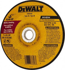 DeWALT - 24 Grit, 7" Wheel Diam, 1/4" Wheel Thickness, 7/8" Arbor Hole, Type 28 Depressed Center Wheel - Aluminum Oxide, R Hardness, 8,700 Max RPM - Exact Tool & Supply