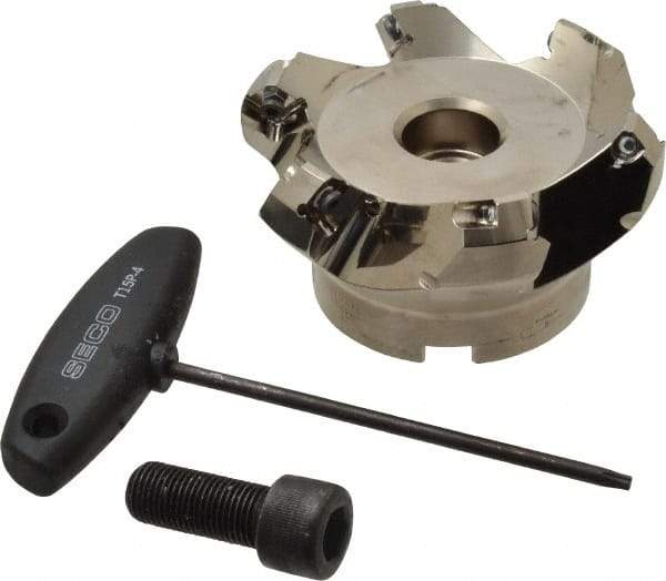 Seco - 3.15" Cut Diam, 1" Arbor Hole, 0.236" Max Depth of Cut, 45° Indexable Chamfer & Angle Face Mill - 6 Inserts, SE.X 1204 Insert, Right Hand Cut, 6 Flutes, Through Coolant, Series R220.53 - Exact Tool & Supply