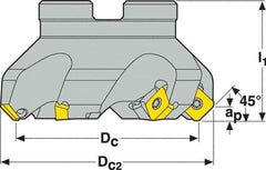 Seco - 1.57" Cut Diam, 3/4" Arbor Hole, 0.18" Max Depth of Cut, 45° Indexable Chamfer & Angle Face Mill - 4 Inserts, SE.. 09T3 Insert, Right Hand Cut, 4 Flutes, Through Coolant, Series R220.53 - Exact Tool & Supply