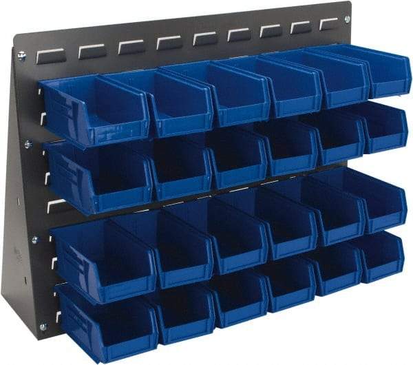 Quantum Storage - 24 Bin Bench Rack Unit with Bins - 27 Inch Overall Width x 8 Inch Overall Depth x 21 Inch Overall Height, Blue Polypropylene / Polyethylene Bins - Exact Tool & Supply