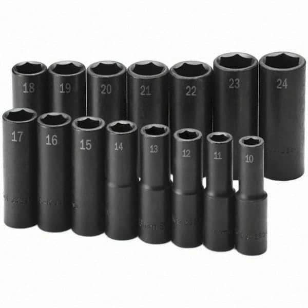 SK - 1/2" Drive Deep Impact Socket Set - 10 to 24mm, Metric Measurement Standard - Exact Tool & Supply