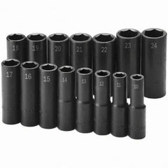 SK - 1/2" Drive Deep Impact Socket Set - 10 to 24mm, Metric Measurement Standard - Exact Tool & Supply