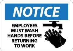 NMC - "Notice - Employees Must Wash Hands Before Returning to Work", 10" Long x 14" Wide, Aluminum Safety Sign - Rectangle, 0.04" Thick, Use for Restroom, Janitorial & Housekeeping - Exact Tool & Supply