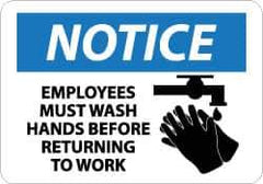 NMC - "Notice - Employees Must Wash Hands Before Returning to Work", 10" Long x 14" Wide, Aluminum Safety Sign - Rectangle, 0.04" Thick, Use for Restroom, Janitorial & Housekeeping - Exact Tool & Supply