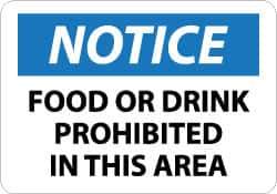 NMC - "Notice - Food or Drink Prohibited in This Area", 10" Long x 14" Wide, Aluminum Safety Sign - Rectangle, 0.04" Thick, Use for Accident Prevention - Exact Tool & Supply