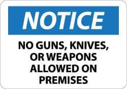 NMC - "Notice - No Guns, Knives or Weapons Allowed on Premises", 10" Long x 14" Wide, Aluminum Safety Sign - Rectangle, 0.04" Thick, Use for Security & Admittance - Exact Tool & Supply