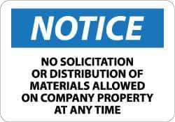 NMC - "Notice - No Solicitation or Distribution of Materials Allowed on Company Property at Any Time", 10" Long x 14" Wide, Aluminum Safety Sign - Rectangle, 0.04" Thick, Use for Security & Admittance - Exact Tool & Supply