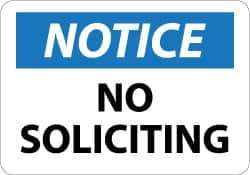 NMC - "Notice - No Soliciting", 10" Long x 14" Wide, Aluminum Safety Sign - Rectangle, 0.04" Thick, Use for Security & Admittance - Exact Tool & Supply