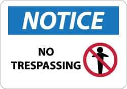 NMC - "Notice - No Trespassing", 10" Long x 14" Wide, Aluminum Safety Sign - Rectangle, 0.04" Thick, Use for Security & Admittance - Exact Tool & Supply